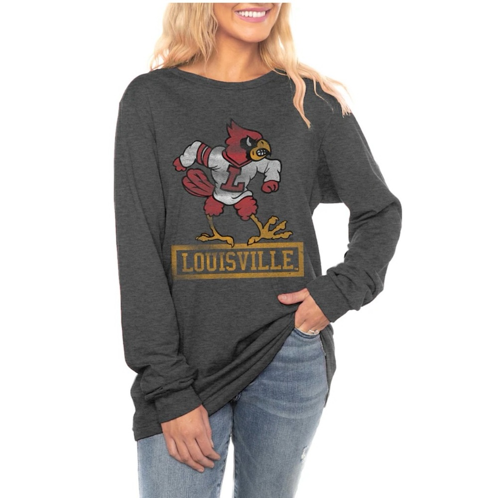 GAME DAY COUTURE LOUISVILLE CARDINALS LUXE BOYFRIEND LONG SLEEVE TEE SIZE S
